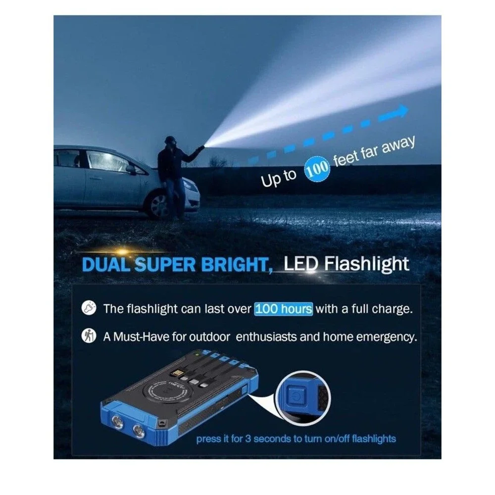 Blue Solar Power Bank 36000mAh Built-in 4 Cables Qi Wireless Charger Sealed Box